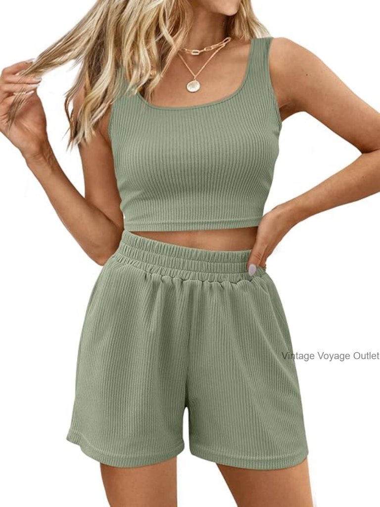 Sleeveless Crop Top High Waist Shorts Set Polyester Spandex Lounge Wear Medium